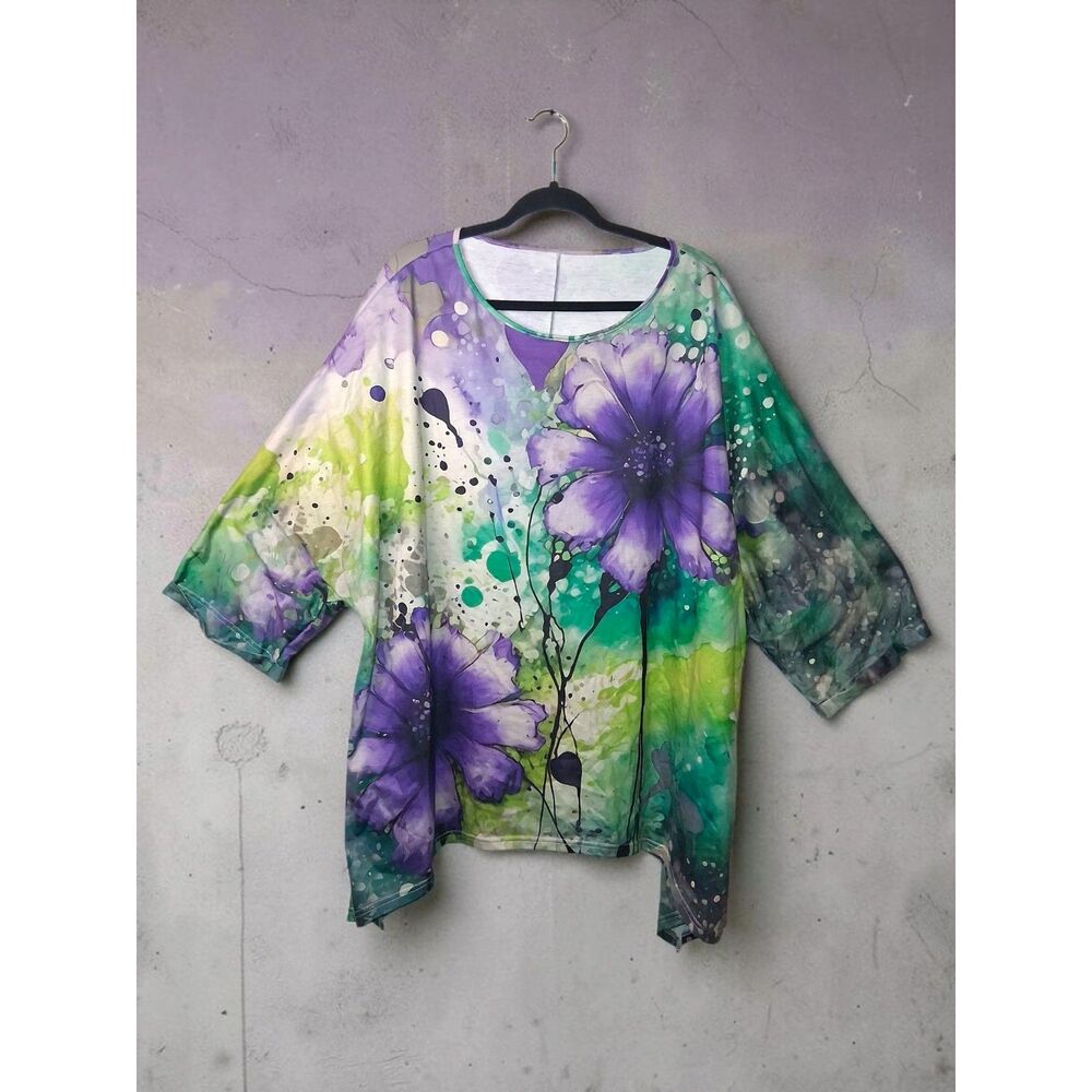 Artistic Floral Watercolor Paint Splatter Tunic Top -Women's Size 3XL (Asian 5X)